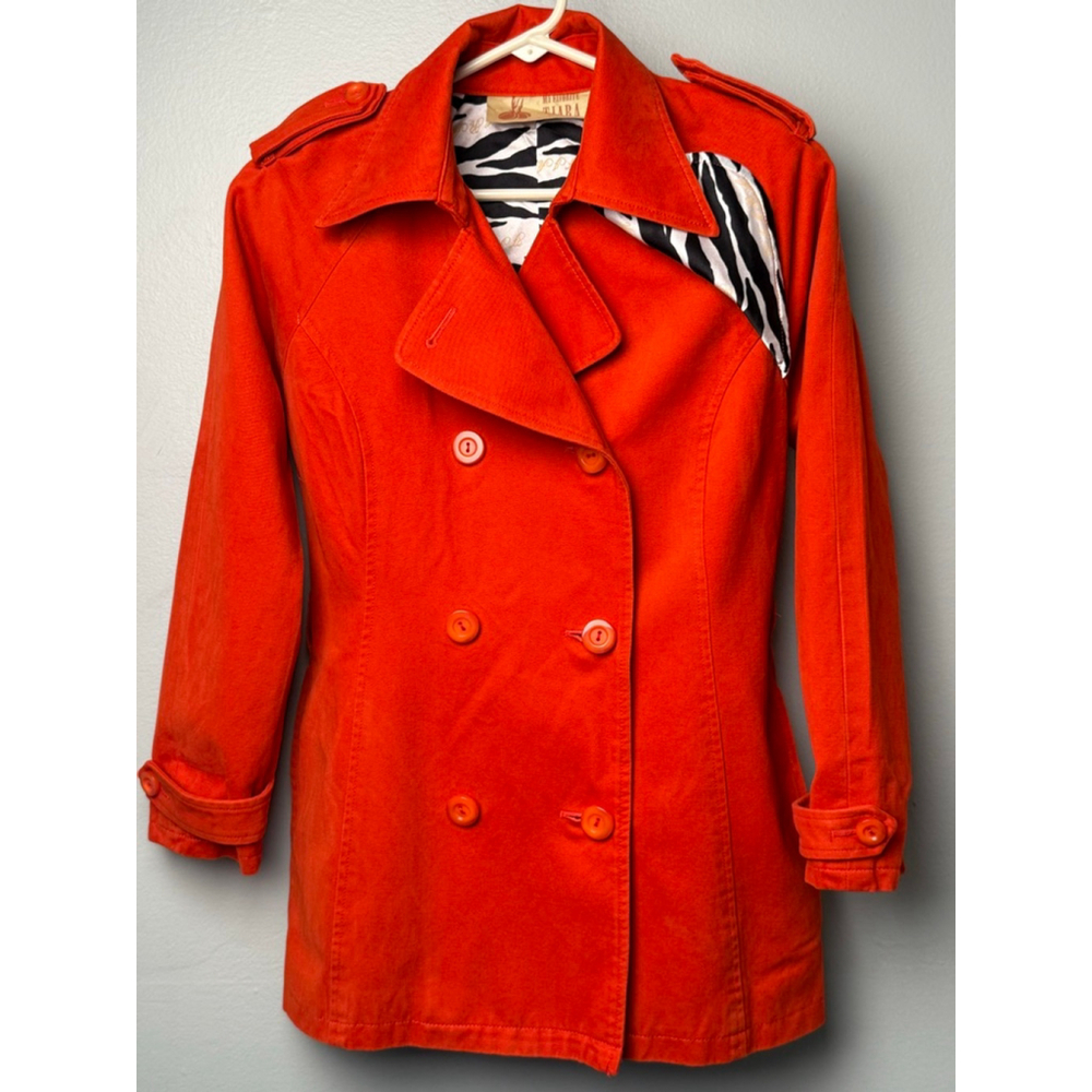 Vintage Red Cotton Trench Coat by My Favorite Tiara –Zebra Print Lining Fits S-M